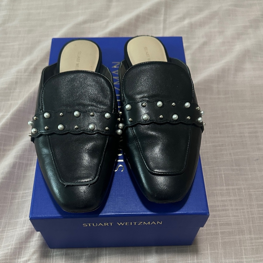 Stuart Weitzman Black Mules with Pearl Accents